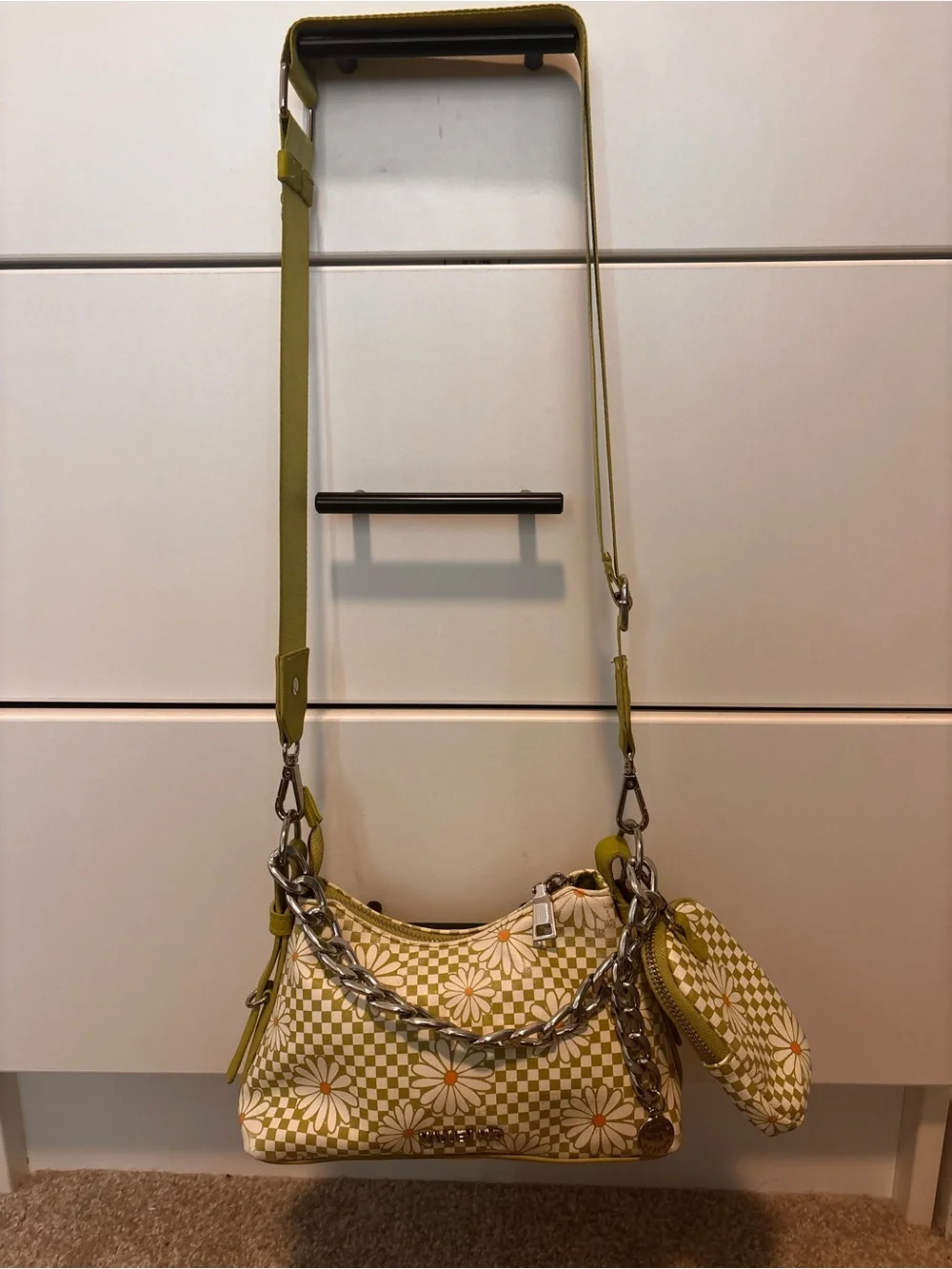 Floral Checkered Yellow Crossbody Bag with Coin Pouch